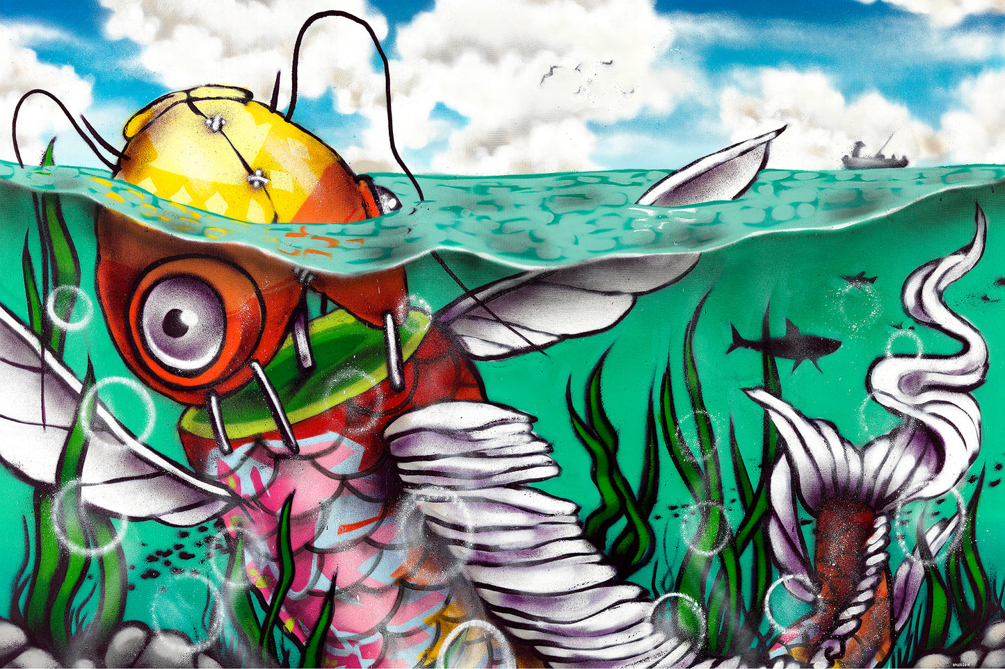 Pintura contemporânea de peixe estilo graffiti em muro. Binho Ribeiro.