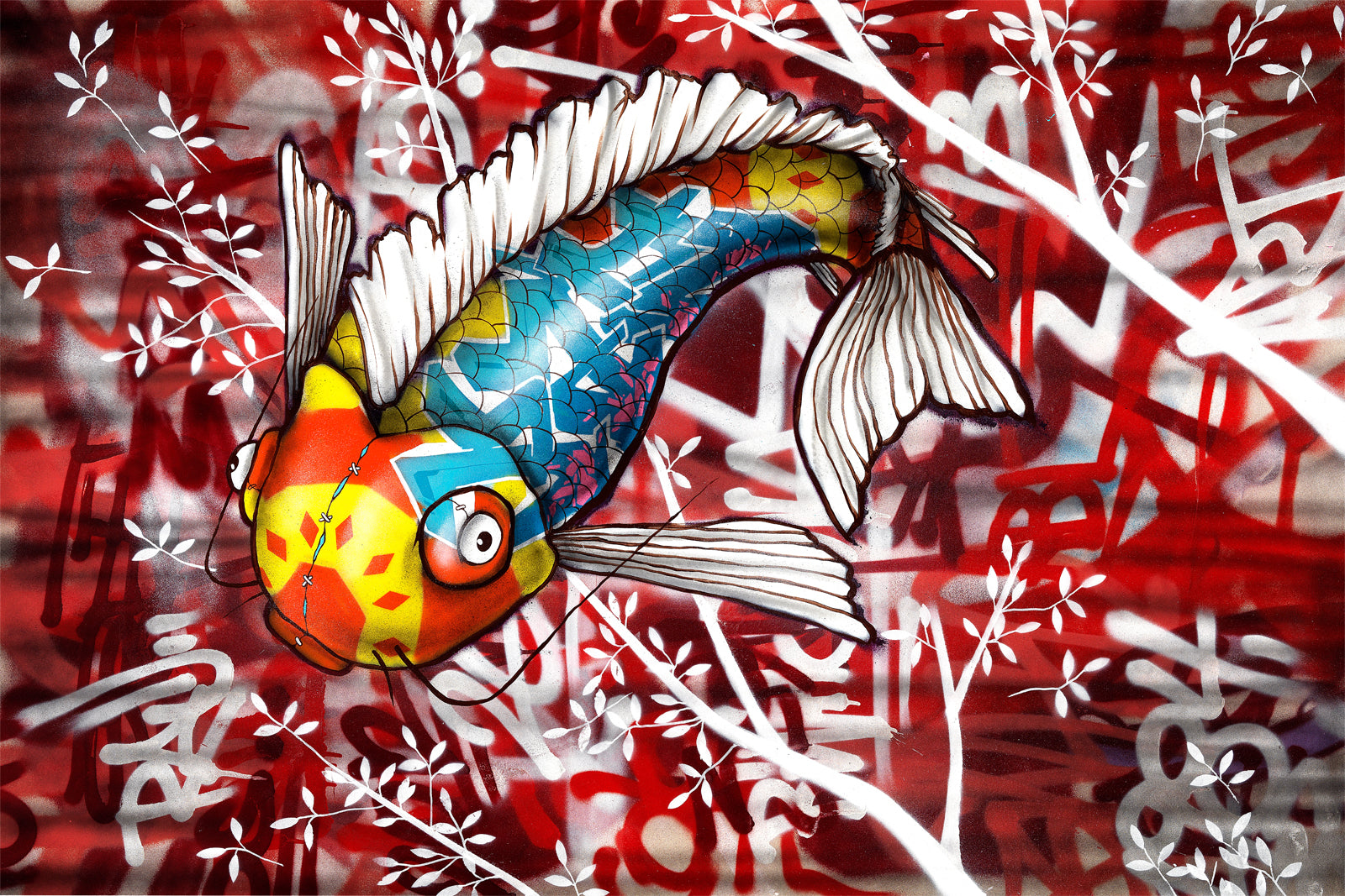 Peixe no muro vermelho
