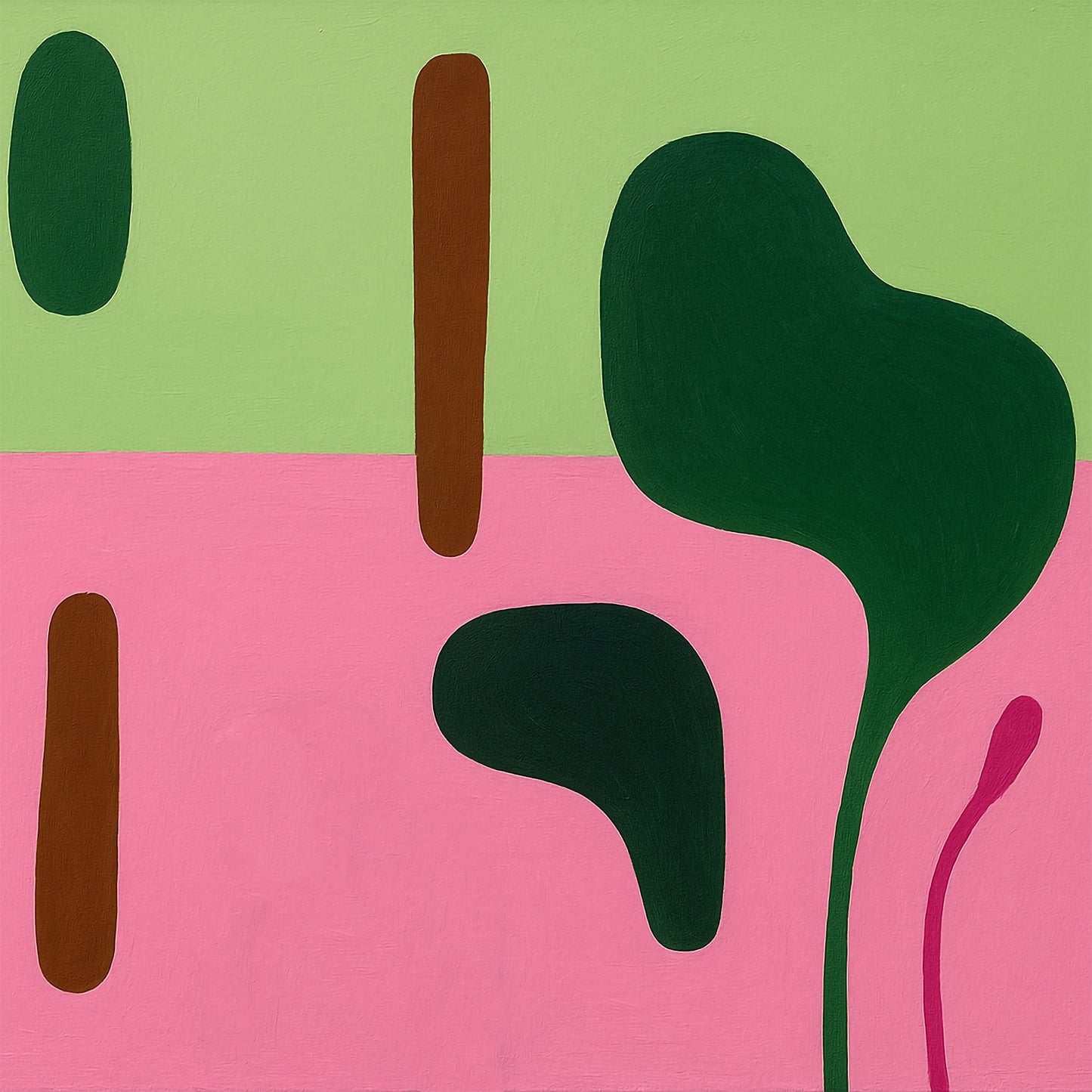 Pintura contemporânea com formas orgânicas em verde e marrom sobre fundo verde e rosa, inspirada na natureza. Sandra Albuquerque.